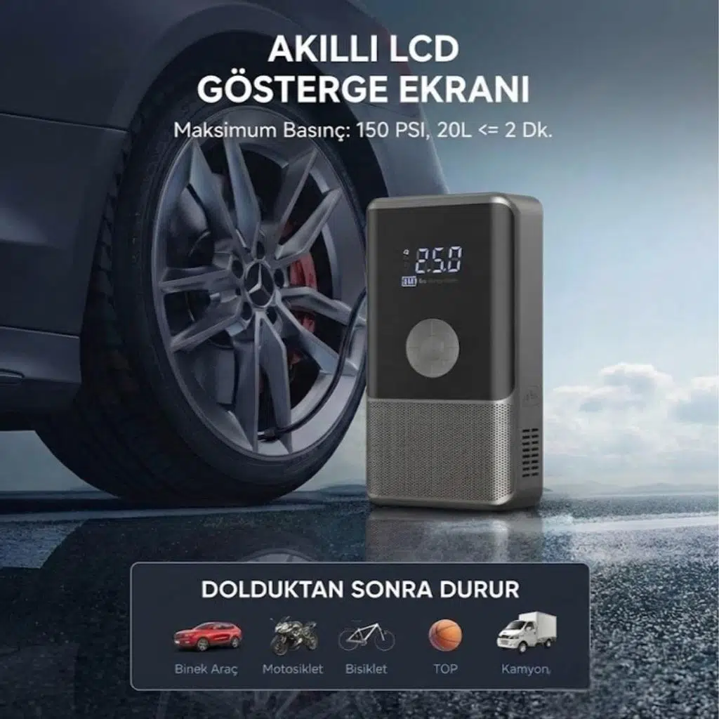 BİKE SKY 10.000mah Dijital Ekranlı Araba Akü Takviye'li Kompresör Araç Lastik Şişirme Hava Pompası - 150psı